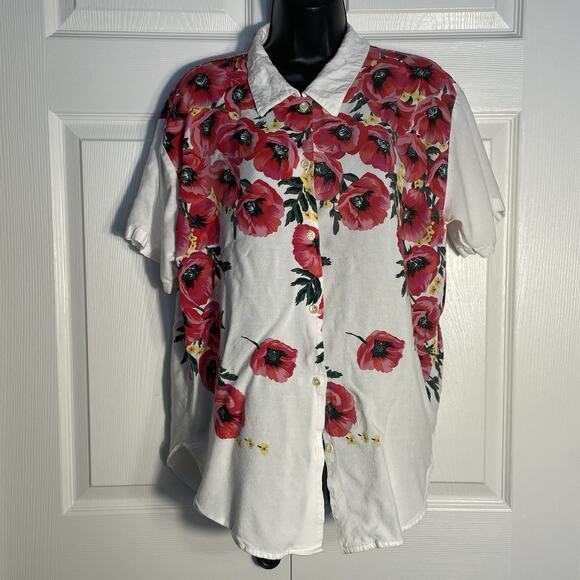 Vintage 90s Adrian Jordan Shirt Women 14 White Floral Poppies Button Up Blouse - Picture 1 of 10